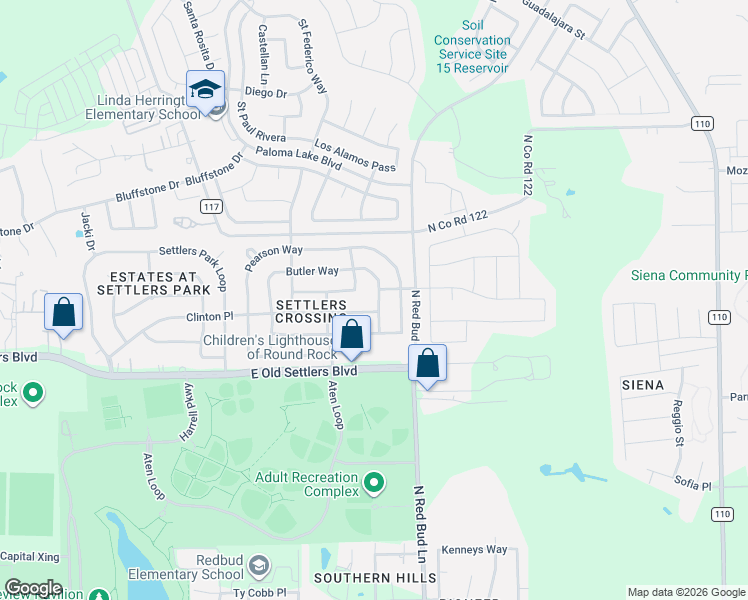 map of restaurants, bars, coffee shops, grocery stores, and more near 2612 Butler Way in Round Rock