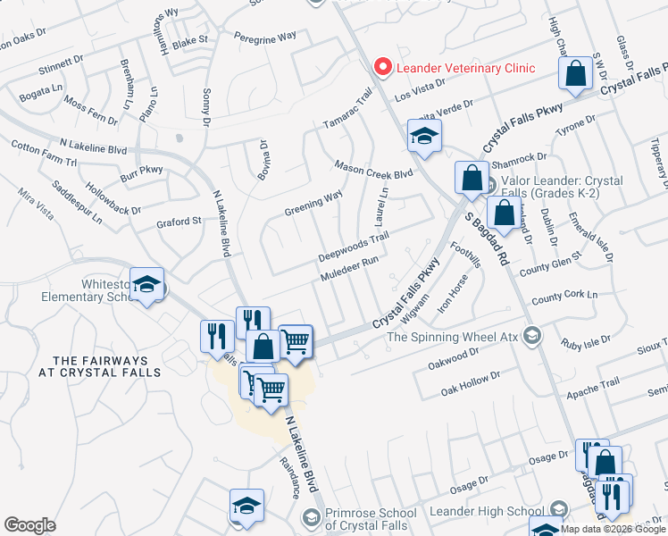 map of restaurants, bars, coffee shops, grocery stores, and more near 1505 Muledeer Run in Leander