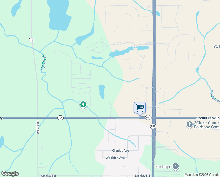 map of restaurants, bars, coffee shops, grocery stores, and more near 9591 Alabama 104 in Fairhope