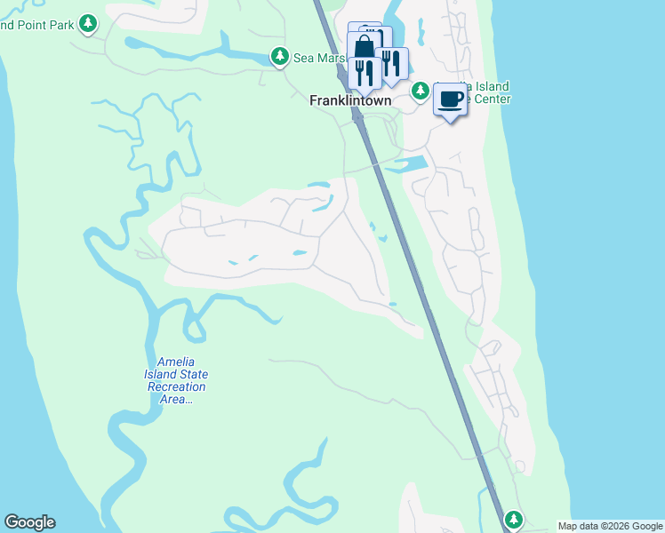 map of restaurants, bars, coffee shops, grocery stores, and more near 10 Marsh Hawk Road in Fernandina Beach