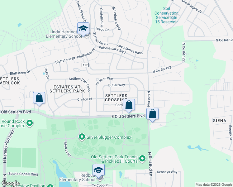map of restaurants, bars, coffee shops, grocery stores, and more near 3156 Clinton Place in Round Rock
