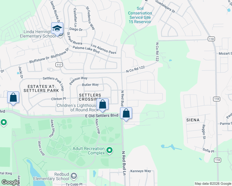 map of restaurants, bars, coffee shops, grocery stores, and more near 2612 Butler Way in Round Rock