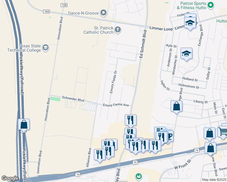 map of restaurants, bars, coffee shops, grocery stores, and more near 120 Emory Fields Drive in Hutto