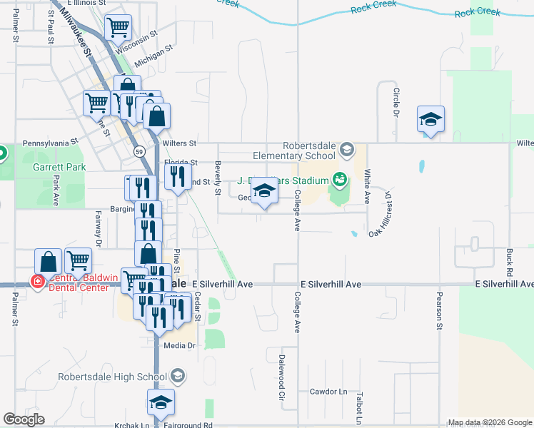 map of restaurants, bars, coffee shops, grocery stores, and more near 18820 Carolina Street in Robertsdale