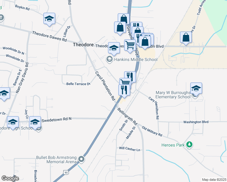 map of restaurants, bars, coffee shops, grocery stores, and more near 5880 U.S. 90 in Theodore