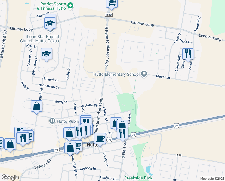 map of restaurants, bars, coffee shops, grocery stores, and more near 103 Johnson Cove in Hutto