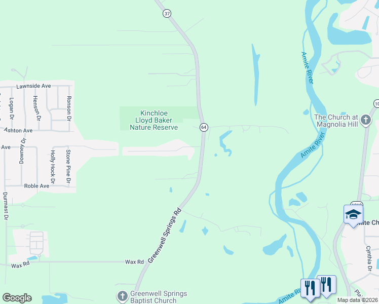 map of restaurants, bars, coffee shops, grocery stores, and more near 20555 Greenwell Springs Road in Central