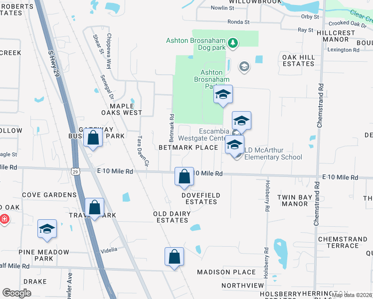 map of restaurants, bars, coffee shops, grocery stores, and more near 10445 Millbrook Drive in Pensacola