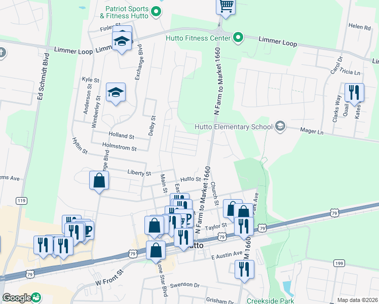 map of restaurants, bars, coffee shops, grocery stores, and more near 313 Durango Downs Drive in Hutto