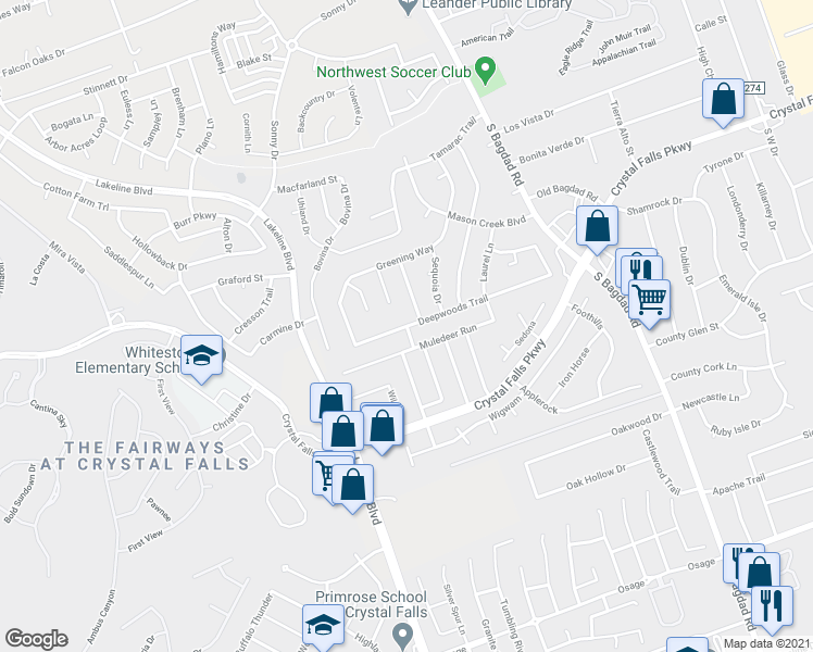 map of restaurants, bars, coffee shops, grocery stores, and more near Deepwoods Trail & Vista Dr in Leander