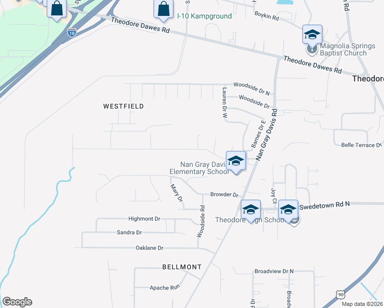 map of restaurants, bars, coffee shops, grocery stores, and more near 6521 Barnes Road in Theodore
