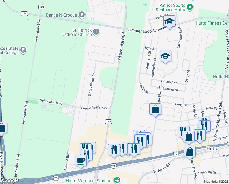 map of restaurants, bars, coffee shops, grocery stores, and more near County Road 119 in Hutto