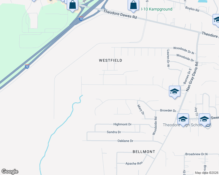 map of restaurants, bars, coffee shops, grocery stores, and more near 6751 Barnes Road in Theodore