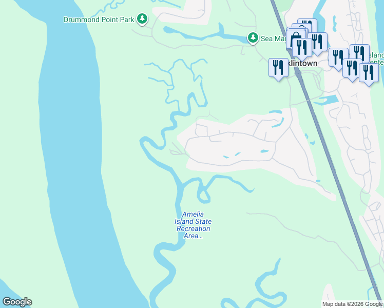 map of restaurants, bars, coffee shops, grocery stores, and more near 69 Marsh Creek Road in Fernandina Beach