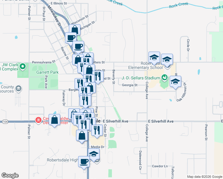 map of restaurants, bars, coffee shops, grocery stores, and more near 22265 Beverly Street in Robertsdale