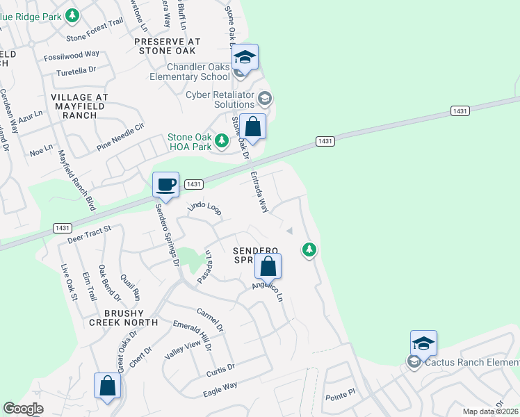 map of restaurants, bars, coffee shops, grocery stores, and more near 4407 Pasada Lane in Round Rock
