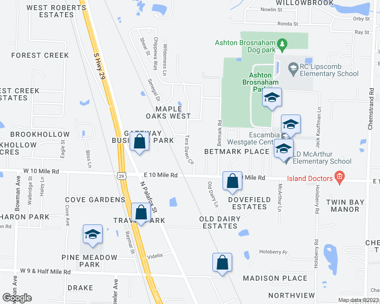 map of restaurants, bars, coffee shops, grocery stores, and more near 10540 Tara Dawn Circle in Pensacola