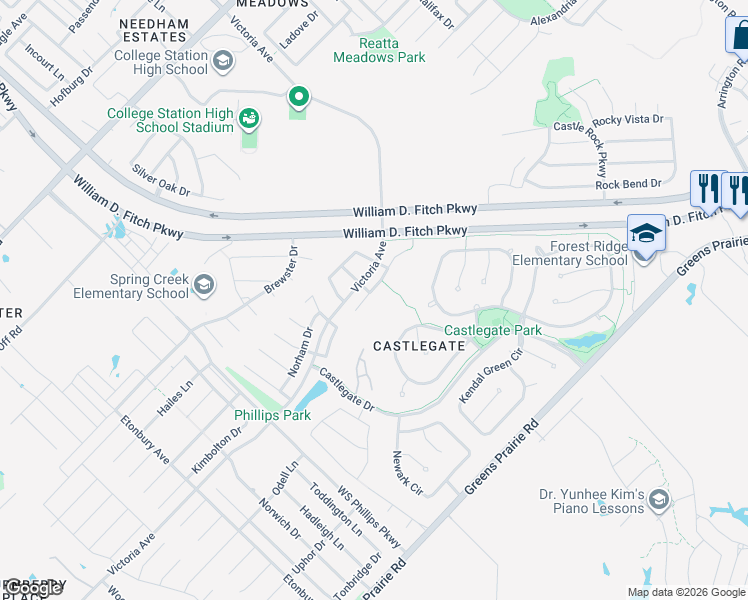 map of restaurants, bars, coffee shops, grocery stores, and more near 2239 Carlisle Court in College Station