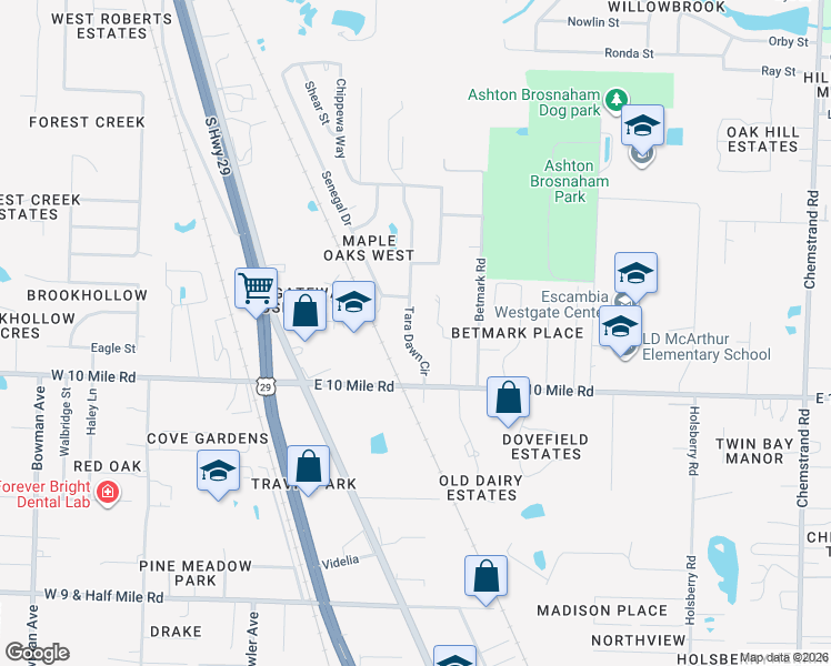 map of restaurants, bars, coffee shops, grocery stores, and more near 10540 Tara Dawn Circle in Pensacola