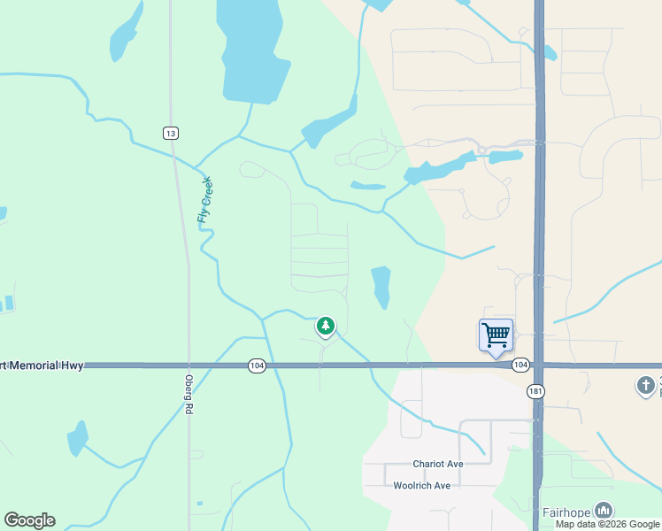 map of restaurants, bars, coffee shops, grocery stores, and more near 9601 Alabama 104 in Fairhope