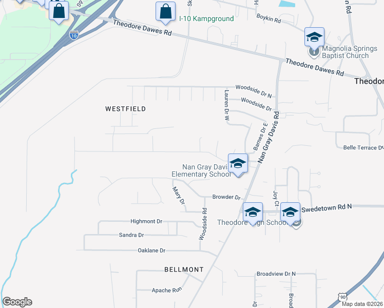 map of restaurants, bars, coffee shops, grocery stores, and more near 6521 Barnes Rd in Theodore