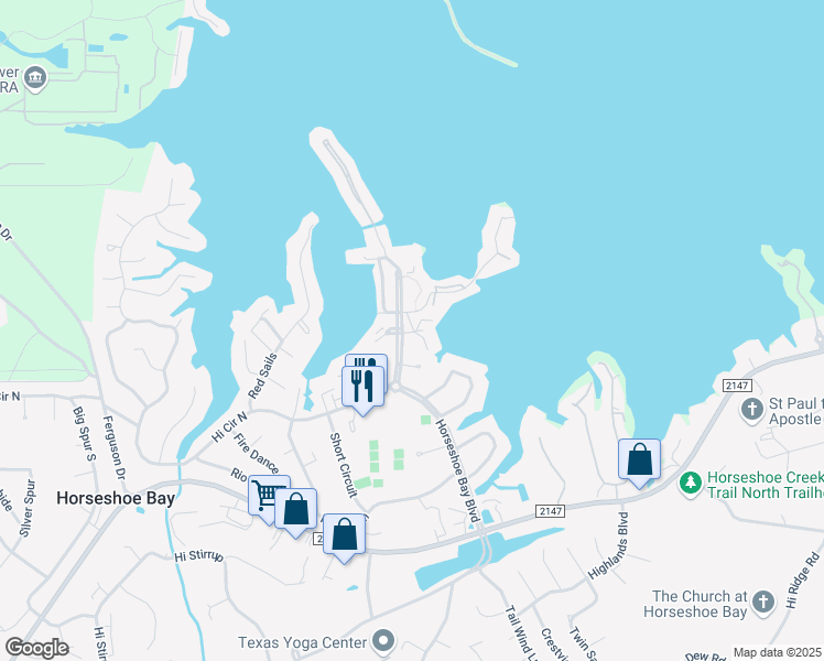 map of restaurants, bars, coffee shops, grocery stores, and more near 104 Cove East in Horseshoe Bay