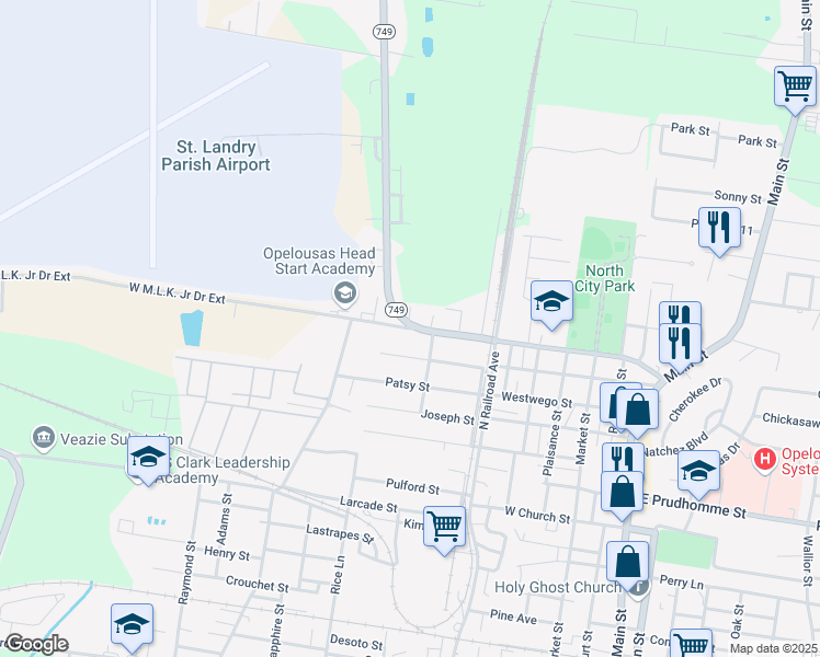 map of restaurants, bars, coffee shops, grocery stores, and more near 308 West Martin Luther King Doctor Exd in Opelousas