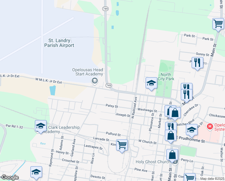 map of restaurants, bars, coffee shops, grocery stores, and more near 308 West Martin Luther King Doctor Exd in Opelousas