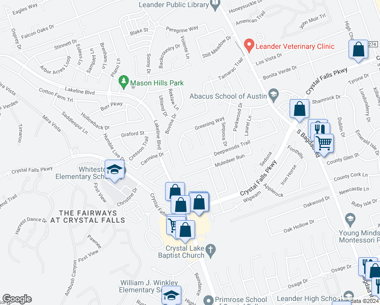 map of restaurants, bars, coffee shops, grocery stores, and more near 1713 Primrose Lane in Leander