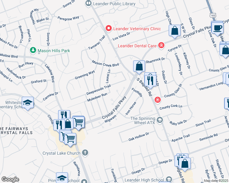 map of restaurants, bars, coffee shops, grocery stores, and more near 1905 Phantom Horse in Leander