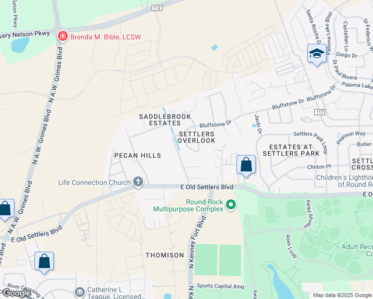 map of restaurants, bars, coffee shops, grocery stores, and more near 2845 Deerfern Lane in Round Rock