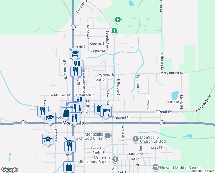 map of restaurants, bars, coffee shops, grocery stores, and more near 667 North Railroad Street in Monticello