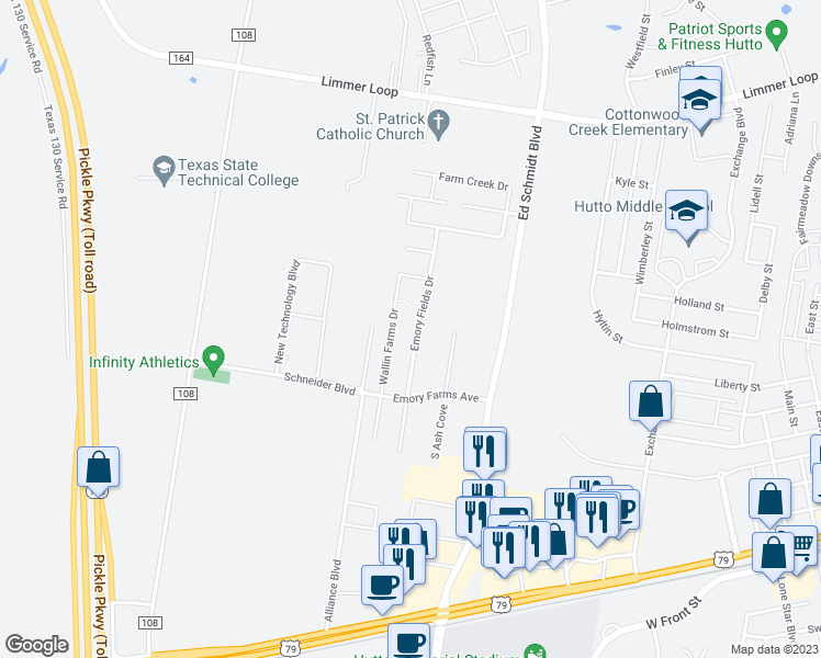 map of restaurants, bars, coffee shops, grocery stores, and more near 127 Emory Fields Drive in Hutto