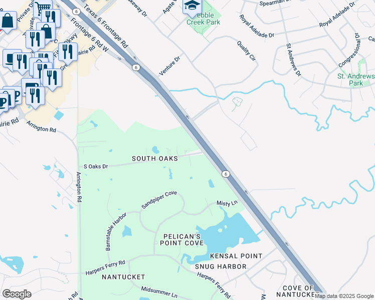 map of restaurants, bars, coffee shops, grocery stores, and more near 16198-16322 Frontage 6 Road West in College Station