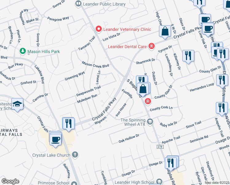 map of restaurants, bars, coffee shops, grocery stores, and more near 1101 Sedona in Leander