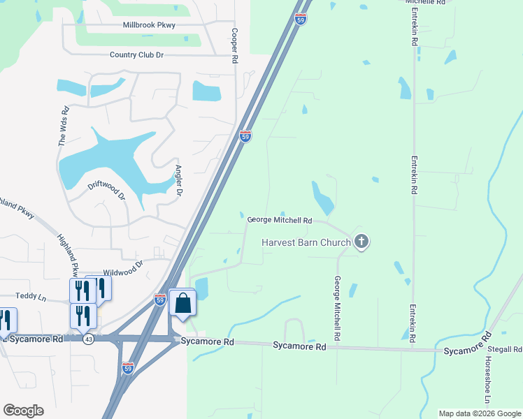 map of restaurants, bars, coffee shops, grocery stores, and more near 143 George Mitchell Road in Carriere