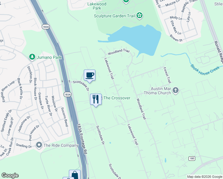 map of restaurants, bars, coffee shops, grocery stores, and more near 137 Lakewood Trail in Leander