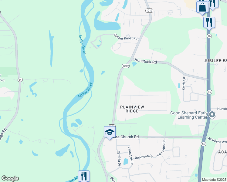 map of restaurants, bars, coffee shops, grocery stores, and more near 33203 Highway 1019 in Denham Springs