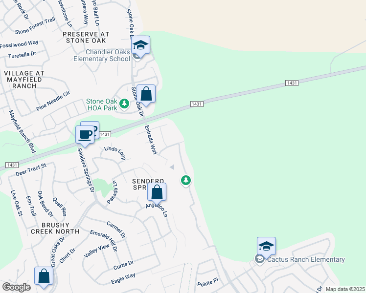 map of restaurants, bars, coffee shops, grocery stores, and more near 305 Cascada Lane in Round Rock