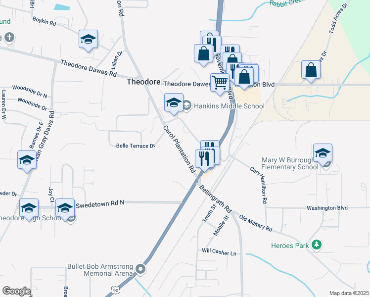 map of restaurants, bars, coffee shops, grocery stores, and more near 6759 Carol Plantation Road in Theodore