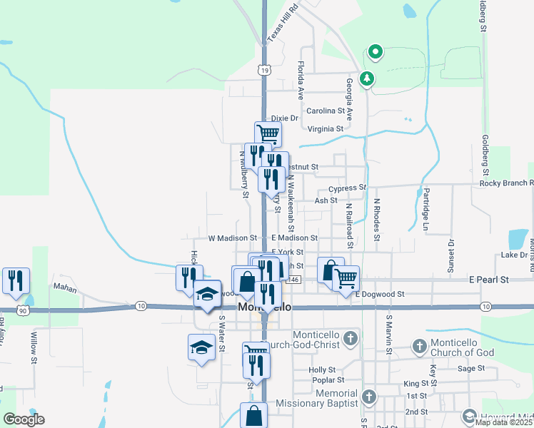 map of restaurants, bars, coffee shops, grocery stores, and more near in Monticello
