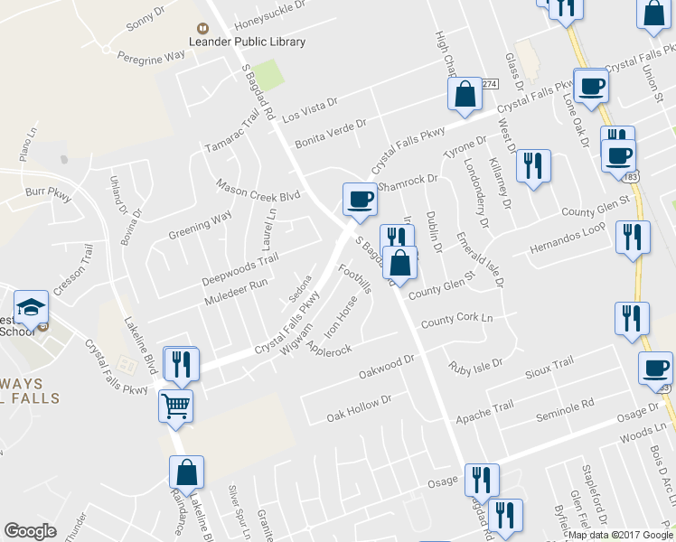map of restaurants, bars, coffee shops, grocery stores, and more near 1101 Wigwam in Leander
