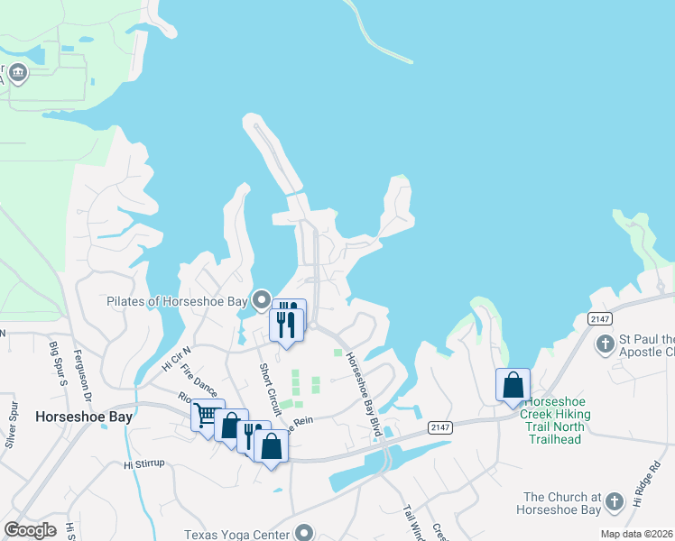 map of restaurants, bars, coffee shops, grocery stores, and more near 96 Island Drive in Horseshoe Bay