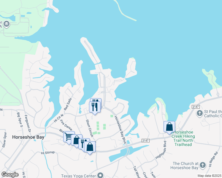 map of restaurants, bars, coffee shops, grocery stores, and more near 104 Cove East in Horseshoe Bay
