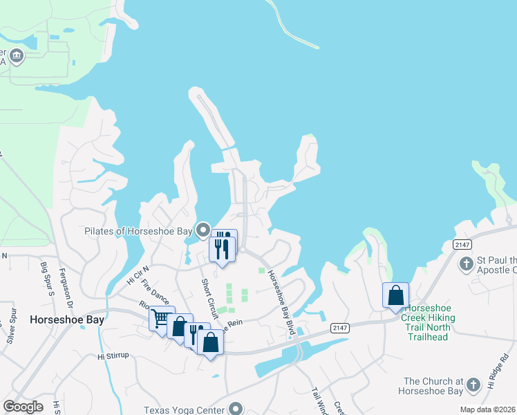 map of restaurants, bars, coffee shops, grocery stores, and more near 104 Cove East in Horseshoe Bay
