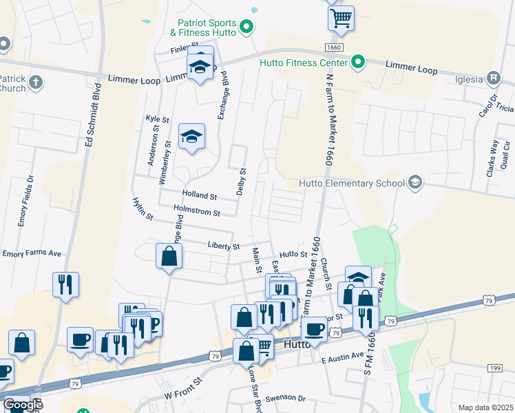 map of restaurants, bars, coffee shops, grocery stores, and more near 911 Main Street in Hutto