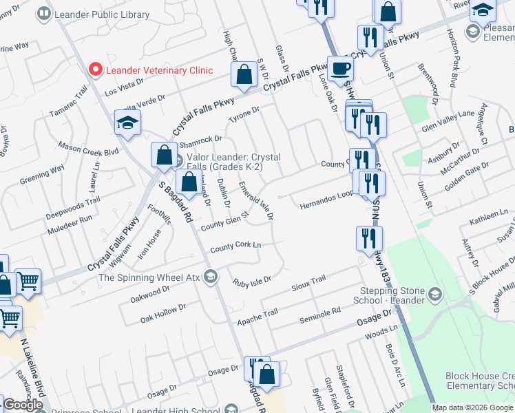 map of restaurants, bars, coffee shops, grocery stores, and more near 1915 Emerald Isle Drive in Leander