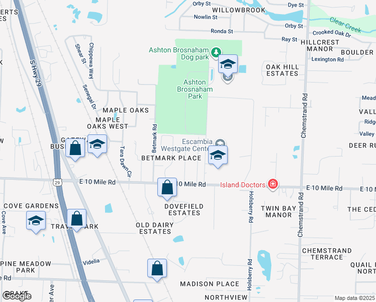 map of restaurants, bars, coffee shops, grocery stores, and more near 1138 Camaree Place in Pensacola