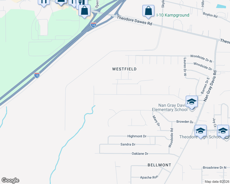 map of restaurants, bars, coffee shops, grocery stores, and more near 6840 Barnes Road in Theodore