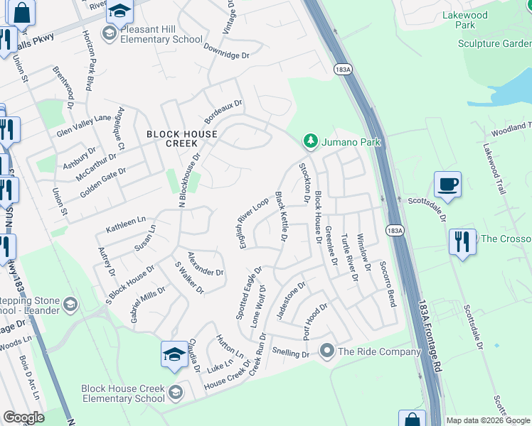 map of restaurants, bars, coffee shops, grocery stores, and more near 16714 Shipshaw River Drive in Leander
